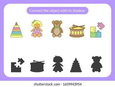 Worksheet connect the toy with its shadow. Educational game for children. Trains attention and concentration. Vector illustration