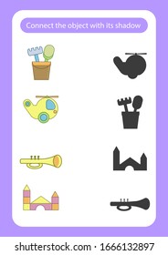 Worksheet connect the toy with its shadow. Educational game for children. Trains attention and concentration. Vector illustration