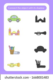Worksheet connect the toy with its shadow. Educational game for children. Trains attention and concentration. Vector illustration