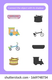 Worksheet connect the toy with its shadow. Educational game for children. Trains attention and concentration. Vector illustration