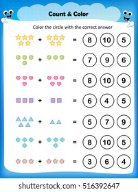 worksheet - count and color the circle with correct answer worksheet for preschool kids