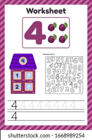 Worksheet count for kids. Berry. House. Number bonds. Trace line. The study of mathematics for children of kindergarten, preschool age. Four. 4.