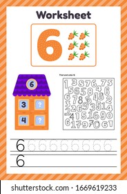 Worksheet count for kids. Berry. House. Number bonds. Trace line. The study of mathematics for children of kindergarten, preschool age. Six. 6.