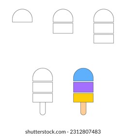 Hoja de trabajo guía fácil para dibujar helados de dibujos animados. Tutorial de dibujo paso a paso simple para niños pequeños. Ilustración vectorial. 