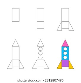 Worksheet easy guide to drawing cartoon rocket. Simple step by step drawing tutorial for little children. Vector illustration. 