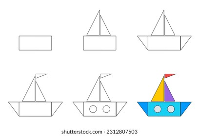Worksheet easy guide to drawing cartoon boat. Simple step by step drawing tutorial for little children. Vector illustration. 
