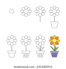 Worksheet easy guide to drawing cartoon flower pot. Simple step-by-step drawing tutorial for little children. Vector illustration. 