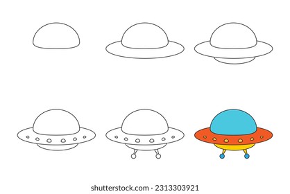 Worksheet easy guide to drawing cartoon flying saucer. Simple step-by-step drawing tutorial for little children. Vector illustration. 