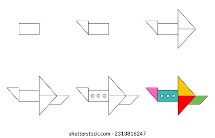 Worksheet easy guide to drawing cartoon airplane. Simple step-by-step drawing tutorial for little children. Vector illustration. 