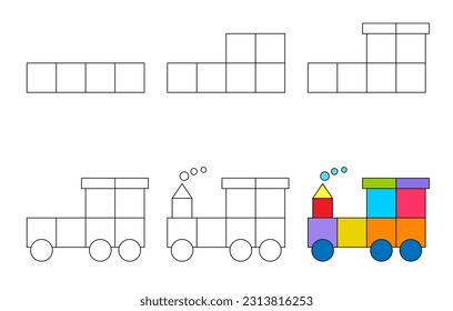 Worksheet easy guide to drawing cartoon truck. Simple step-by-step drawing tutorial for little children. Vector illustration. 