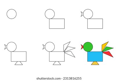 Worksheet easy guide to drawing cartoon rooster. Simple step-by-step drawing tutorial for little kids. Vector illustration. 