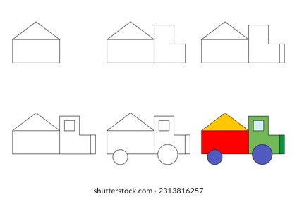 Worksheet easy guide to drawing cartoon truck. Simple step-by-step drawing tutorial for little children. Vector illustration. 