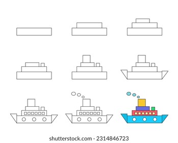 Worksheet easy guide to drawing cartoon ship  Simple step  by  step drawing tutorial for little children  Vector illustration  