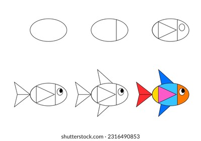 Hoja de trabajo guía fácil para dibujar peces de dibujos animados. Sencillo tutorial de dibujo paso a paso para niños pequeños. Ilustración vectorial. 