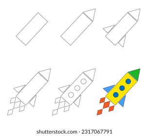 Worksheet easy guide to drawing cartoon rocket. Simple step-by-step drawing tutorial for little kids. Vector illustration. 