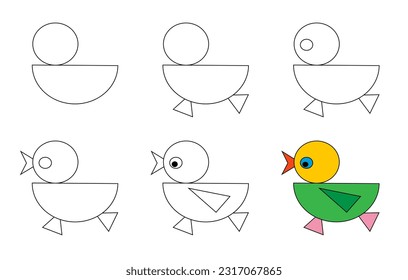 Worksheet easy guide to drawing cartoon chick. Simple step by step drawing tutorial for little children. Vector illustration. 