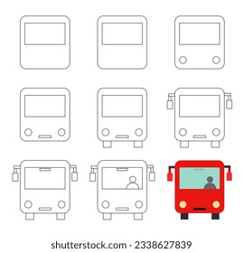 Worksheet easy guide to drawing cartoon autobus. Simple step-by-step drawing tutorial for kids. Vector illustration. 