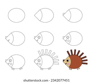 Hoja de trabajo guía fácil para dibujar el erizo de dibujos animados. Sencillo tutorial de dibujo paso a paso para los niños. Ilustración vectorial. 