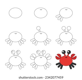 Worksheet easy guide to drawing cartoon crab. Simple step-by-step drawing tutorial for kids. Vector illustration. 