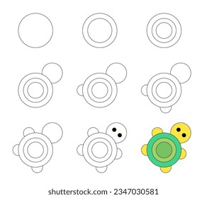 Hoja de trabajo guía fácil para dibujar tortuga de dibujos animados. Sencillo tutorial de dibujo paso a paso para los niños. 