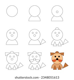 Hoja de trabajo guía fácil para dibujar animales de dibujos animados. Sencillo tutorial de dibujo paso a paso para los niños. 