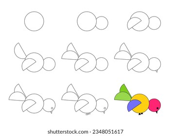 Arbeitsblatt leicht zu zeichnen Cartoon Vogel. Einfaches Tutorial zum Zeichnen für Kinder. 