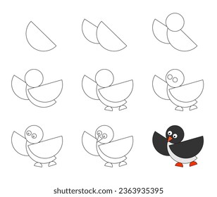 Worksheet easy guide to drawing cartoon penguin  Simple step  by  step drawing tutorial for kids  Vector 