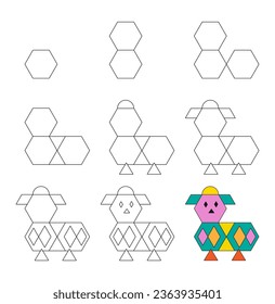 Worksheet easy guide to drawing cartoon animal. Simple step-by-step drawing tutorial for kids. Vector. 