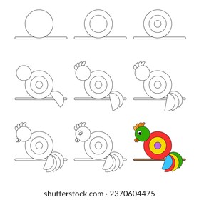 Worksheet easy guide to drawing cartoon parrot. Simple step-by-step drawing tutorial for kids. Vector. 