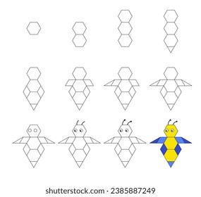 Worksheet easy guide to drawing cartoon bee. Simple step-by-step drawing tutorial for kids. Vector. 