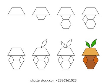 Hoja de trabajo guía fácil para dibujar el dibujo de bellota de dibujos animados. Sencillo tutorial de dibujo paso a paso para niños. Vector. 