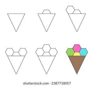 Worksheet easy guide to drawing cartoon ice cream. Simple step-by-step drawing tutorial for children. Vector. 