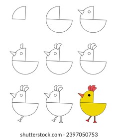 Worksheet easy guide to drawing cartoon cute chick. Simple step-by-step drawing tutorial for kids. 