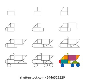 Worksheet easy guide to drawing cartoon dump truck. Vector illustration. 