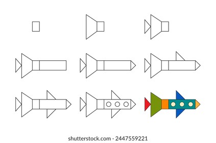 Worksheet easy guide to drawing cartoon rocket ship. Simple step-by-step drawing tutorial for children. 