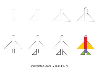 Worksheet easy guide to drawing cartoon rocket. Simple step-by-step drawing tutorial for kids. 