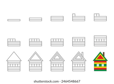 Worksheet easy guide to drawing cartoon house. Simple step-by-step drawing tutorial for kids. Vector illustration. 