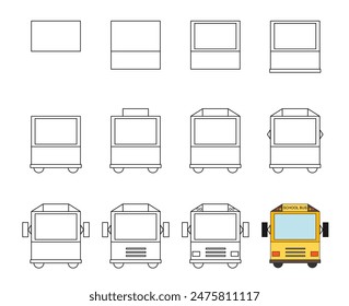 Worksheet easy guide to drawing cartoon school autobus. Simple step-by-step drawing tutorial for kids. 