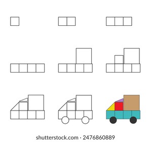Worksheet easy guide to drawing cartoon truck. Simple step-by-step drawing tutorial for kids. Vector illustration. 