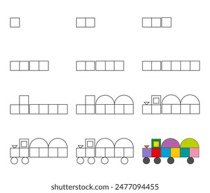 Worksheet easy guide to drawing cartoon train. Simple step-by-step drawing tutorial for kids. 