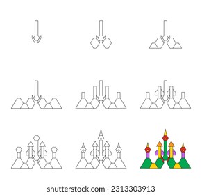 Worksheet easy guide to drawing castle. Simple step-by-step drawing tutorial for little children. Vector illustration. 