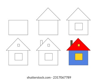 Worksheet easy guide to drawing house. Simple step-by-step drawing tutorial for little kids. Vector illustration. 