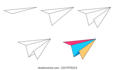 Worksheet easy guide to drawing paper airplane. Simple step-by-step drawing tutorial for kids. Vector illustration. 