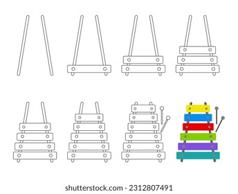 Arbeitsblatt leicht zu zeichnen Xylophon. Einfaches Tutorial für kleine Kinder. Vektorgrafik. 