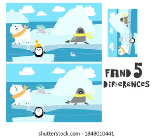 Worksheet for education with the animals of the Arctic. Cute winter cartoon illustration with polar bear, seal and penguin. Find 5 differences