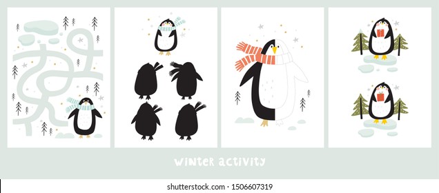 Worksheet for education with Cartoon cute penguins. Christmas paper activity with penguins. Maze, find the difference