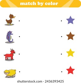 Worksheet education for children. Match wild animals by color. Vector illustration 