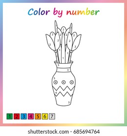 Worksheet for education. FLOWERS TULIP in vase  - painting page, color by numbers.  Game for preschool kids.