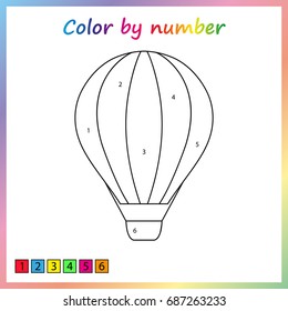 Worksheet for education. painting page, color by numbers - air balloon.  Game for preschool kids.