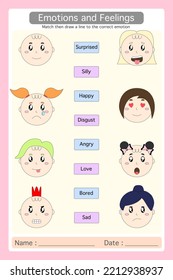 Worksheet emotions and feelings. match then draw a line to the correct emotion picture. educational worksheets for preschool kids. Logical game for kindergarten.